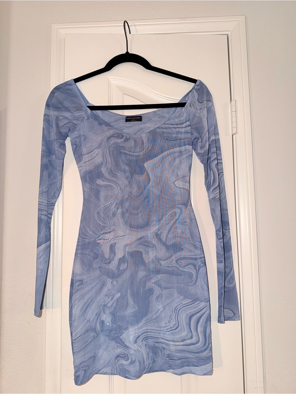 naked wardrobe Blue Marble Long Sleeve Bodycon Dress